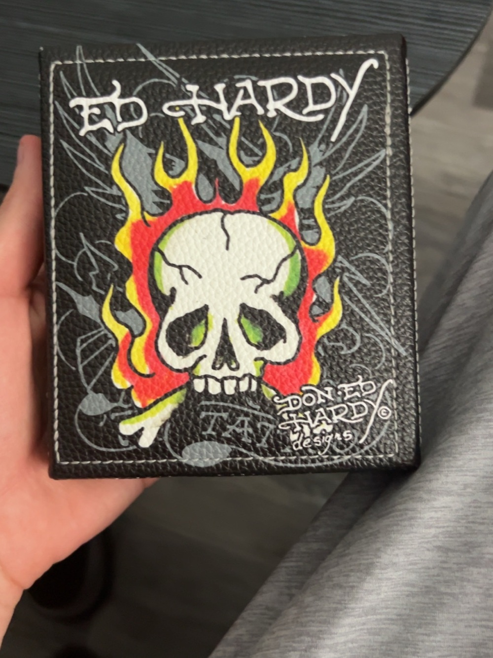 Ed Hardy Black Bi-Fold Wallet with Skull & Flame Artwork